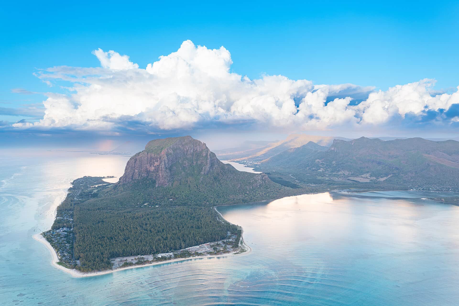 Aerial view of Le Morne Brabant and the lagoon, south-west coast of Mauritius